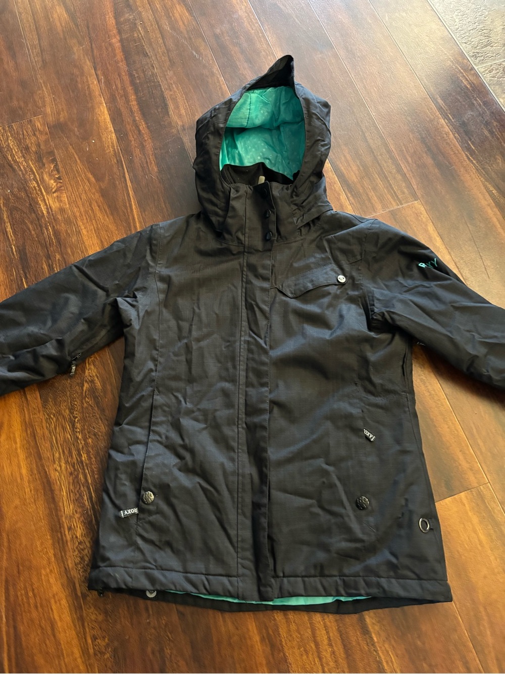 Roxy Black womens Hooded ski Jacket with Teal Lining